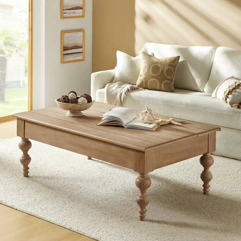Table basse relevable traditionnelle avec étagère de rangement – Bois d'hévéa massif, pieds tournés, finition rustique
