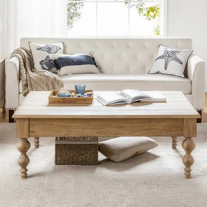 Table basse relevable traditionnelle avec étagère de rangement – Bois d'hévéa massif, pieds tournés, finition rustique