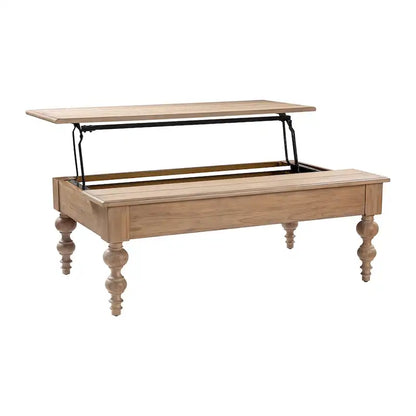 Table basse relevable traditionnelle avec étagère de rangement – Bois d'hévéa massif, pieds tournés, finition rustique