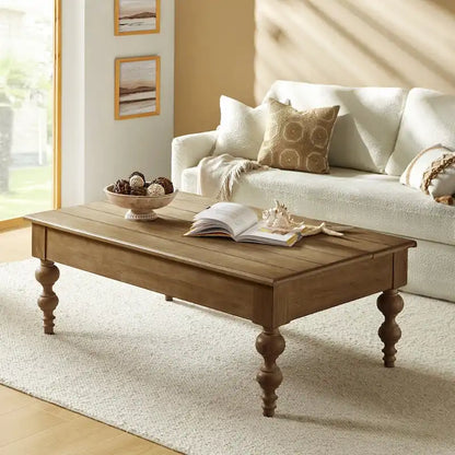 Table basse relevable traditionnelle avec étagère de rangement – Bois d'hévéa massif, pieds tournés, finition rustique