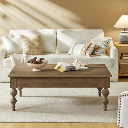 Table basse relevable traditionnelle avec étagère de rangement – Bois d'hévéa massif, pieds tournés, finition rustique