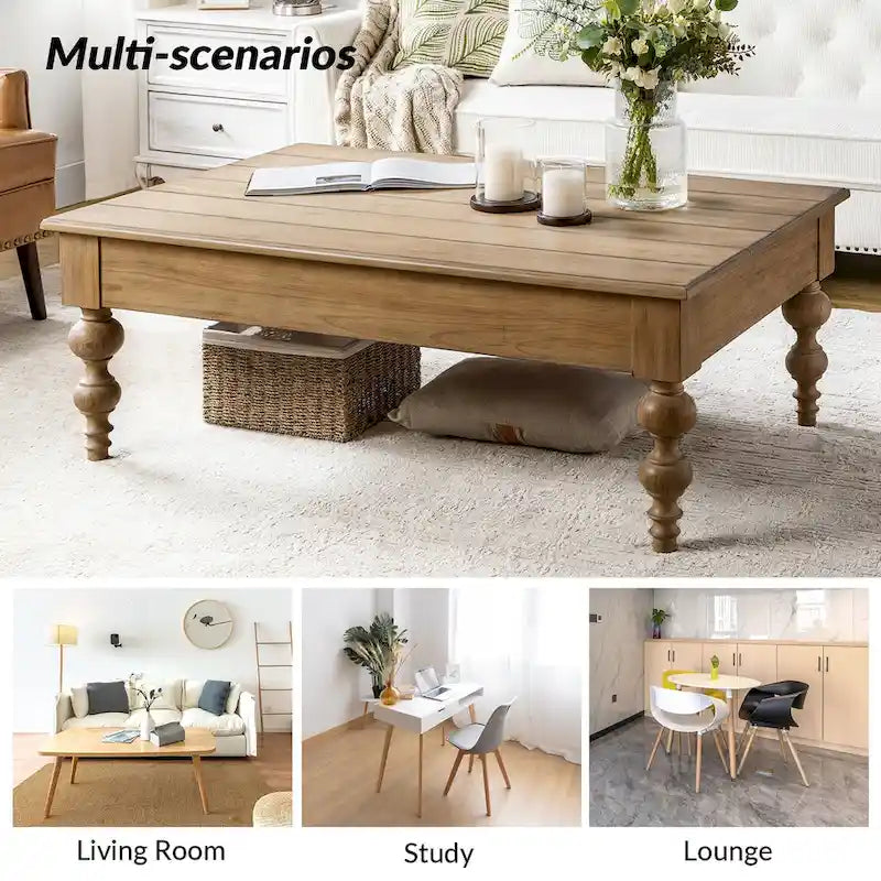 Table basse relevable traditionnelle avec étagère de rangement – Bois d'hévéa massif, pieds tournés, finition rustique
