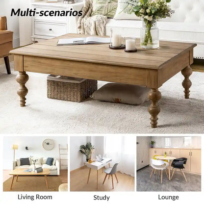 Table basse relevable traditionnelle avec étagère de rangement – Bois d'hévéa massif, pieds tournés, finition rustique