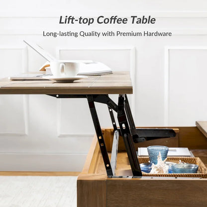 Table basse relevable traditionnelle avec étagère de rangement – Bois d'hévéa massif, pieds tournés, finition rustique