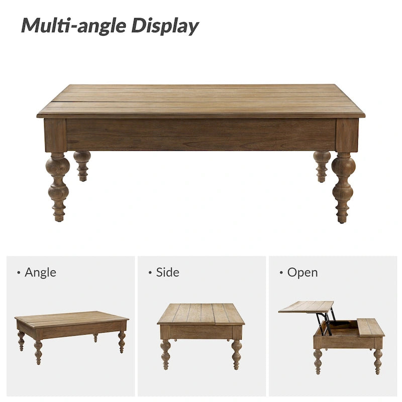 Table basse relevable traditionnelle avec étagère de rangement – Bois d'hévéa massif, pieds tournés, finition rustique