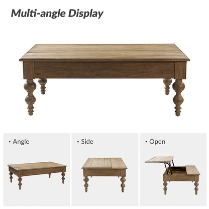 Table basse relevable traditionnelle avec étagère de rangement – Bois d'hévéa massif, pieds tournés, finition rustique