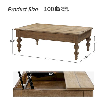 Table basse relevable traditionnelle avec étagère de rangement – Bois d'hévéa massif, pieds tournés, finition rustique