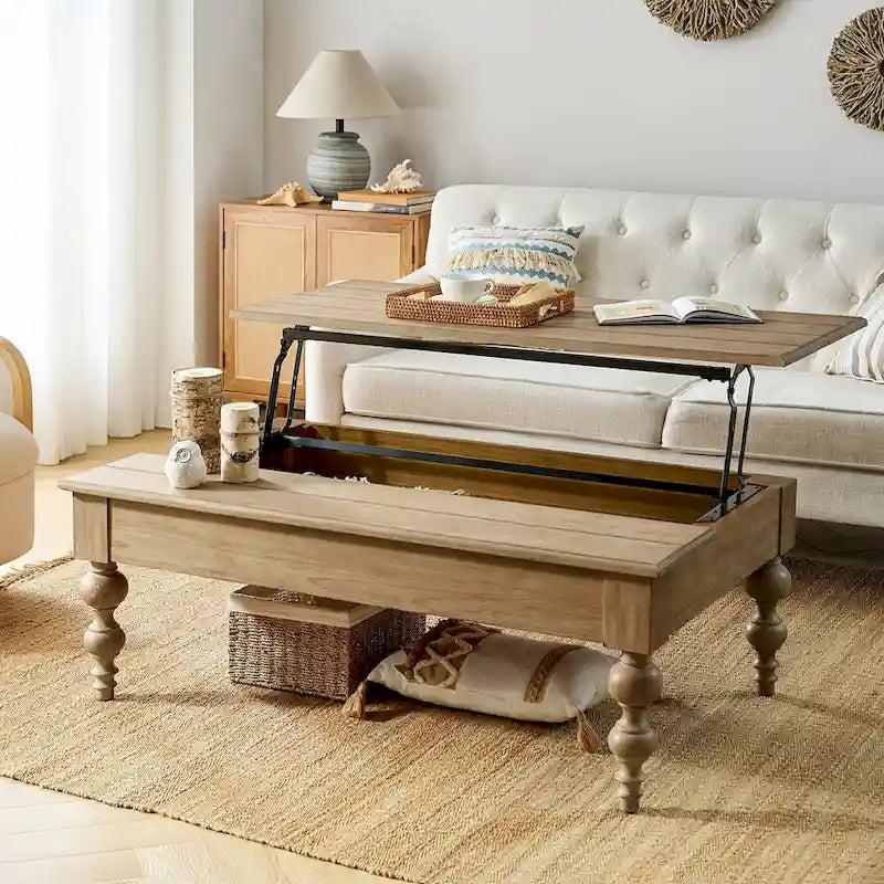Table basse relevable traditionnelle avec étagère de rangement – Bois d'hévéa massif, pieds tournés, finition rustique