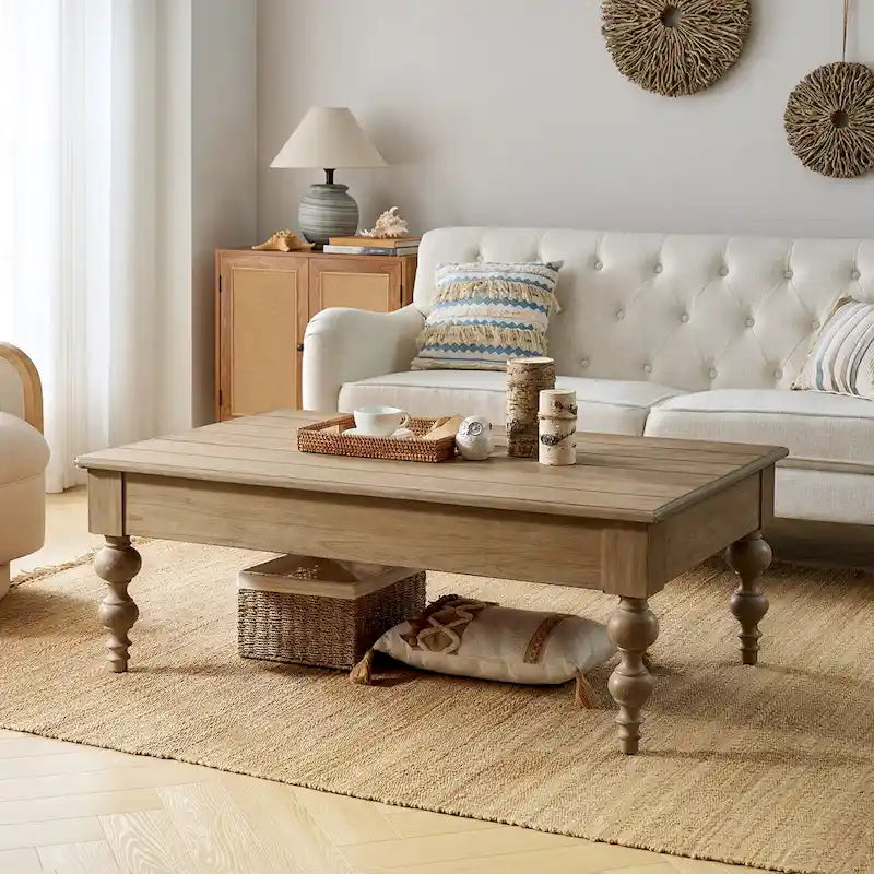 Table basse relevable traditionnelle avec étagère de rangement – Bois d'hévéa massif, pieds tournés, finition rustique