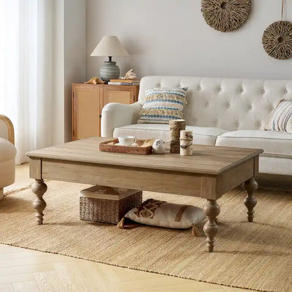 Table basse relevable traditionnelle avec étagère de rangement – Bois d'hévéa massif, pieds tournés, finition rustique