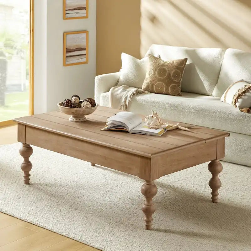 Table basse relevable traditionnelle avec étagère de rangement – Bois d'hévéa massif, pieds tournés, finition rustique