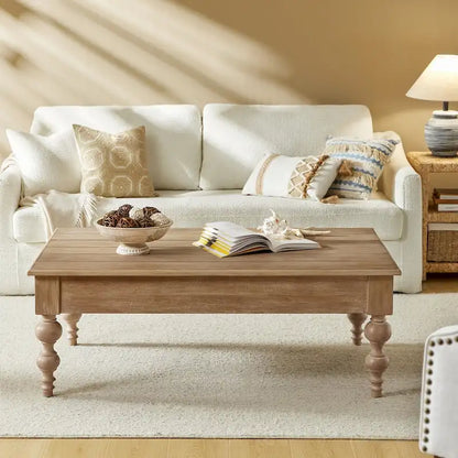 Table basse relevable traditionnelle avec étagère de rangement – Bois d'hévéa massif, pieds tournés, finition rustique
