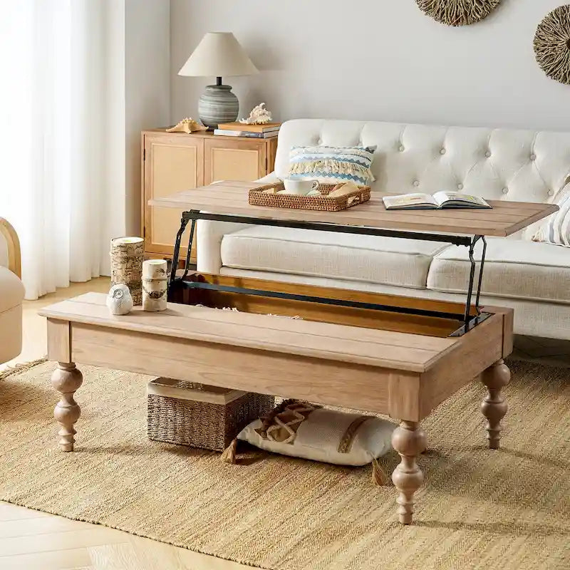 Table basse relevable traditionnelle avec étagère de rangement – Bois d'hévéa massif, pieds tournés, finition rustique
