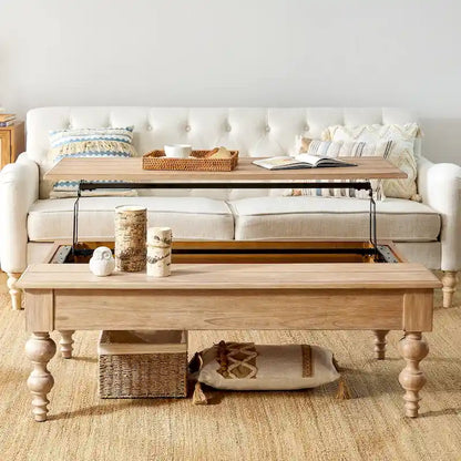 Table basse relevable traditionnelle avec étagère de rangement – Bois d'hévéa massif, pieds tournés, finition rustique