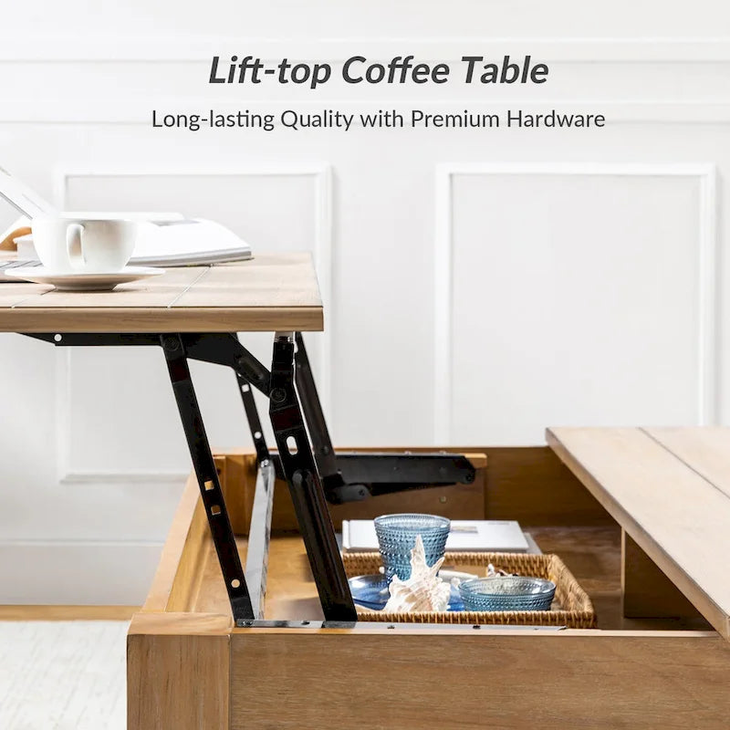 Table basse relevable traditionnelle avec étagère de rangement – Bois d'hévéa massif, pieds tournés, finition rustique