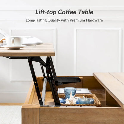 Table basse relevable traditionnelle avec étagère de rangement – Bois d'hévéa massif, pieds tournés, finition rustique