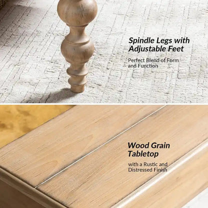Table basse relevable traditionnelle avec étagère de rangement – Bois d'hévéa massif, pieds tournés, finition rustique