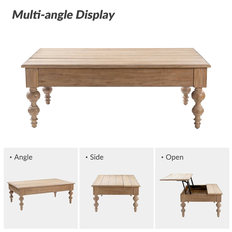 Table basse relevable traditionnelle avec étagère de rangement – Bois d'hévéa massif, pieds tournés, finition rustique
