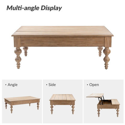Table basse relevable traditionnelle avec étagère de rangement – Bois d'hévéa massif, pieds tournés, finition rustique
