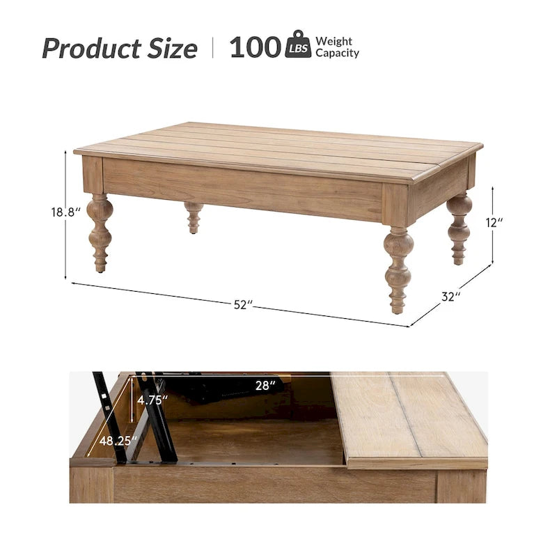 Table basse relevable traditionnelle avec étagère de rangement – Bois d'hévéa massif, pieds tournés, finition rustique