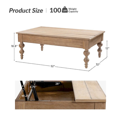 Table basse relevable traditionnelle avec étagère de rangement – Bois d'hévéa massif, pieds tournés, finition rustique