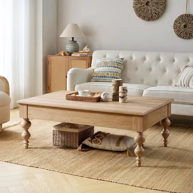 Table basse relevable traditionnelle avec étagère de rangement – Bois d'hévéa massif, pieds tournés, finition rustique