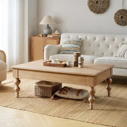 Table basse relevable traditionnelle avec étagère de rangement – Bois d'hévéa massif, pieds tournés, finition rustique