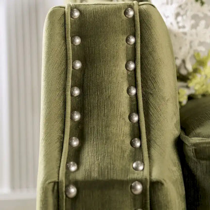 Canapé 3 places transitionnel en microfibre vert olive capitonné – Garniture cloutée, Structure en bois massif