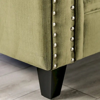Canapé 3 places transitionnel en microfibre vert olive capitonné – Garniture cloutée, Structure en bois massif