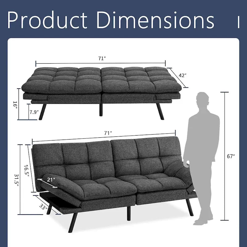 Canapé-lit futon, canapé convertible moderne avec accoudoirs réglables pour studio, bureau, appartement, petit salon