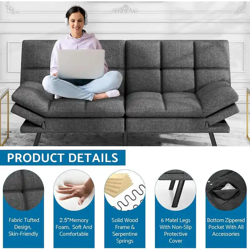 Canapé-lit futon, canapé convertible moderne avec accoudoirs réglables pour studio, bureau, appartement, petit salon