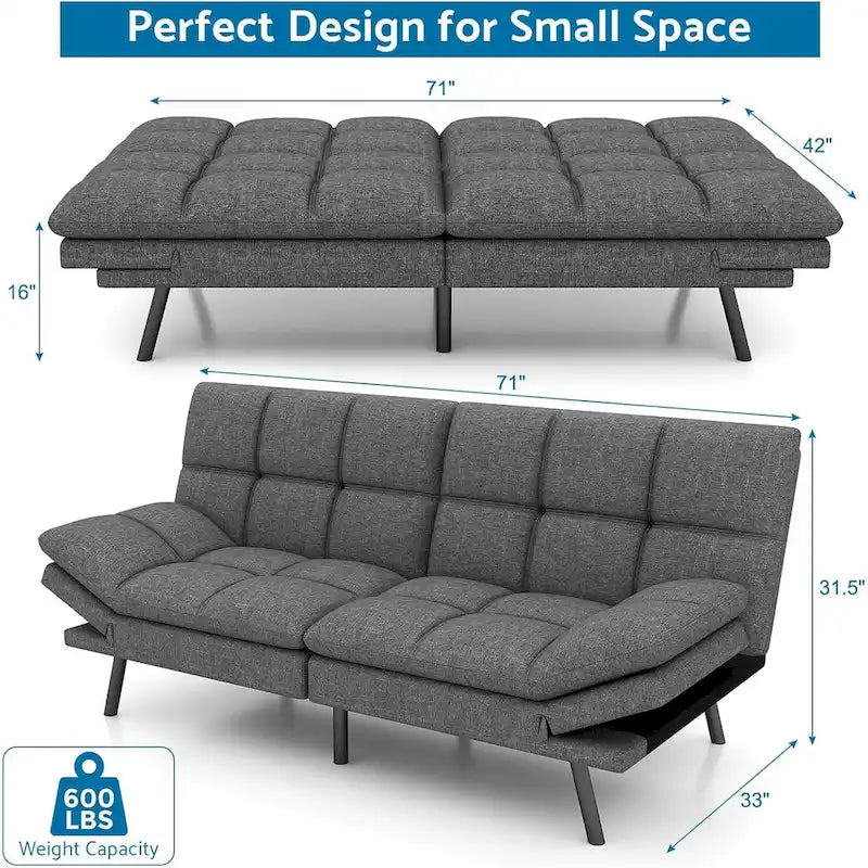 Canapé-lit futon, canapé convertible moderne avec accoudoirs réglables pour studio, bureau, appartement, petit salon