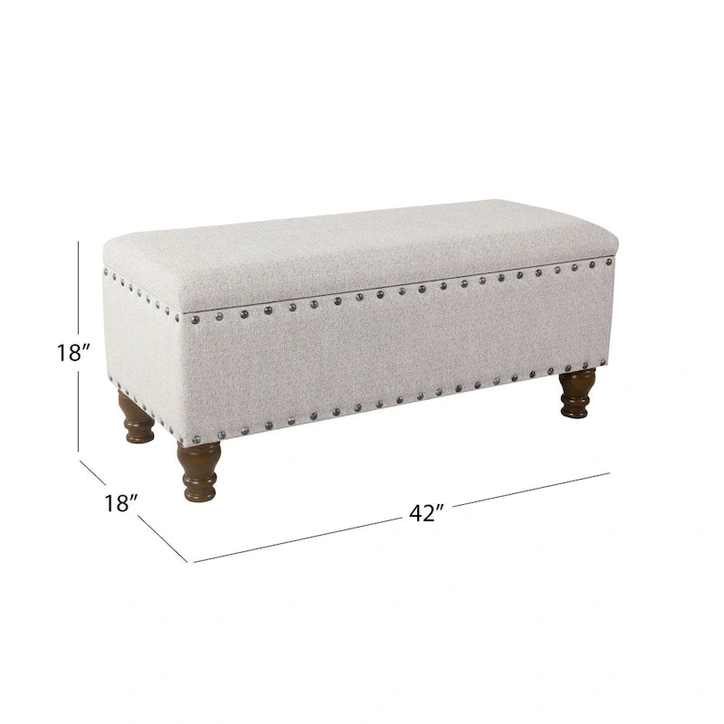 Banc de rangement capitonné avec clous décoratifs en bronze, couvercle à charnière et pieds en bois – Plusieurs coloris