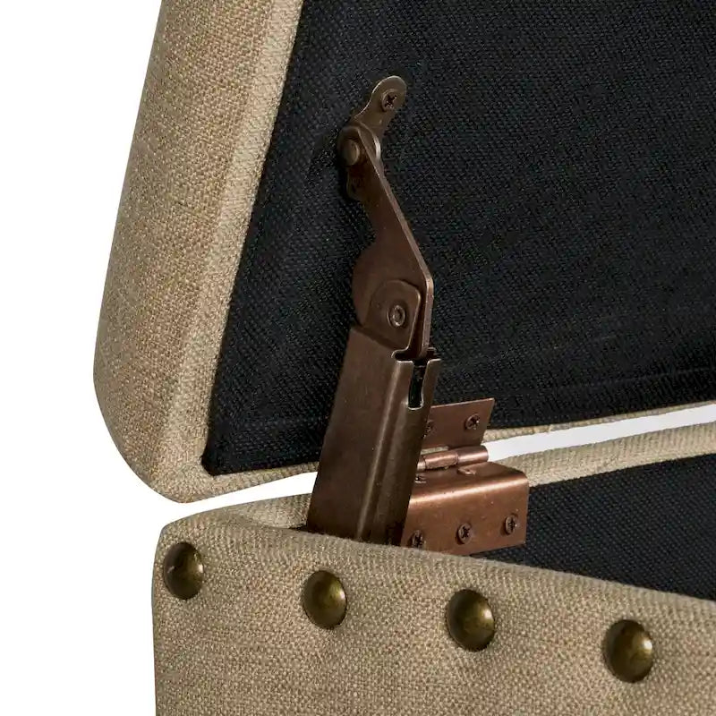 Banc de rangement capitonné avec clous décoratifs en bronze, couvercle à charnière et pieds en bois – Plusieurs coloris