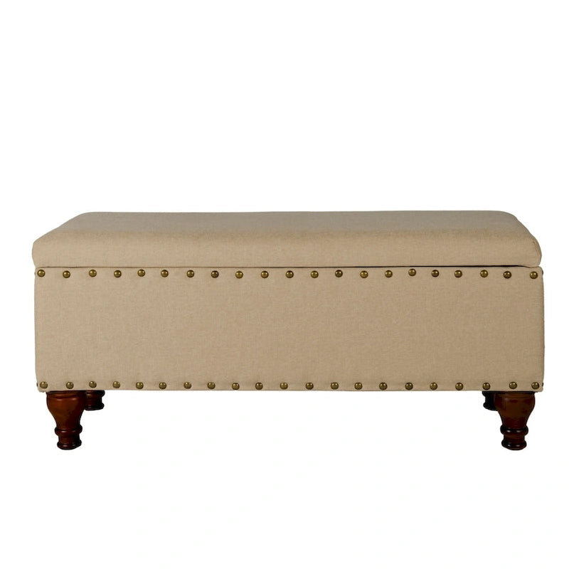 Banc de rangement capitonné avec clous décoratifs en bronze, couvercle à charnière et pieds en bois – Plusieurs coloris