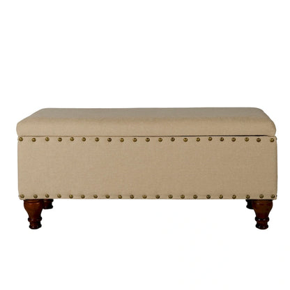 Banc de rangement capitonné avec clous décoratifs en bronze, couvercle à charnière et pieds en bois – Plusieurs coloris