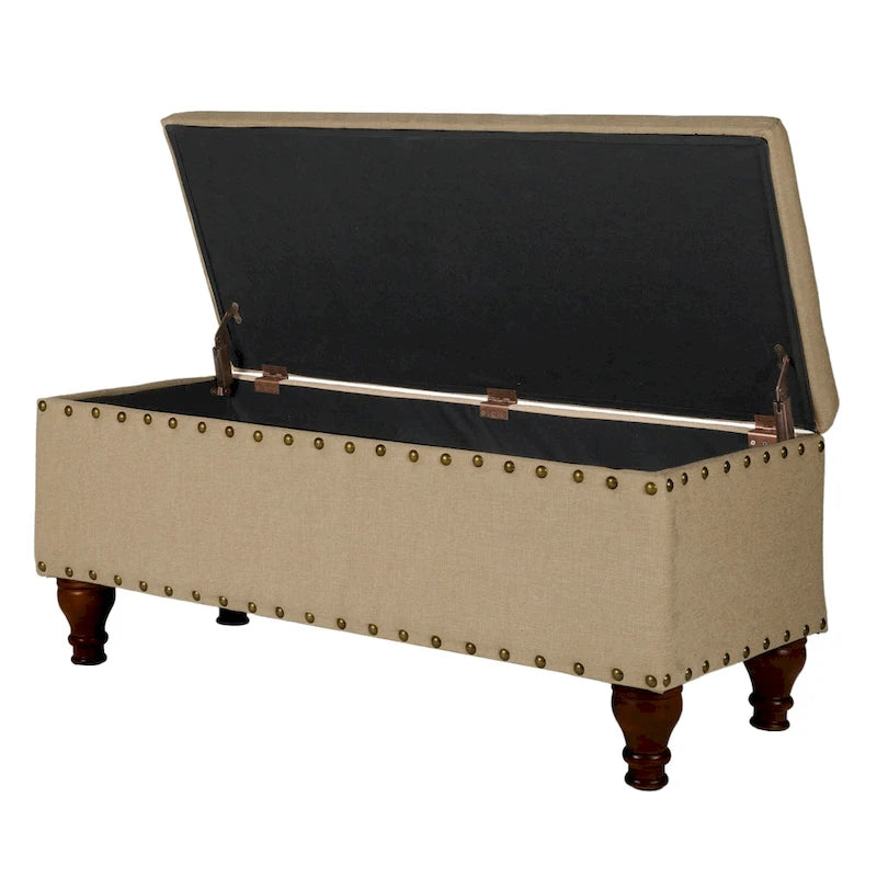 Banc de rangement capitonné avec clous décoratifs en bronze, couvercle à charnière et pieds en bois – Plusieurs coloris