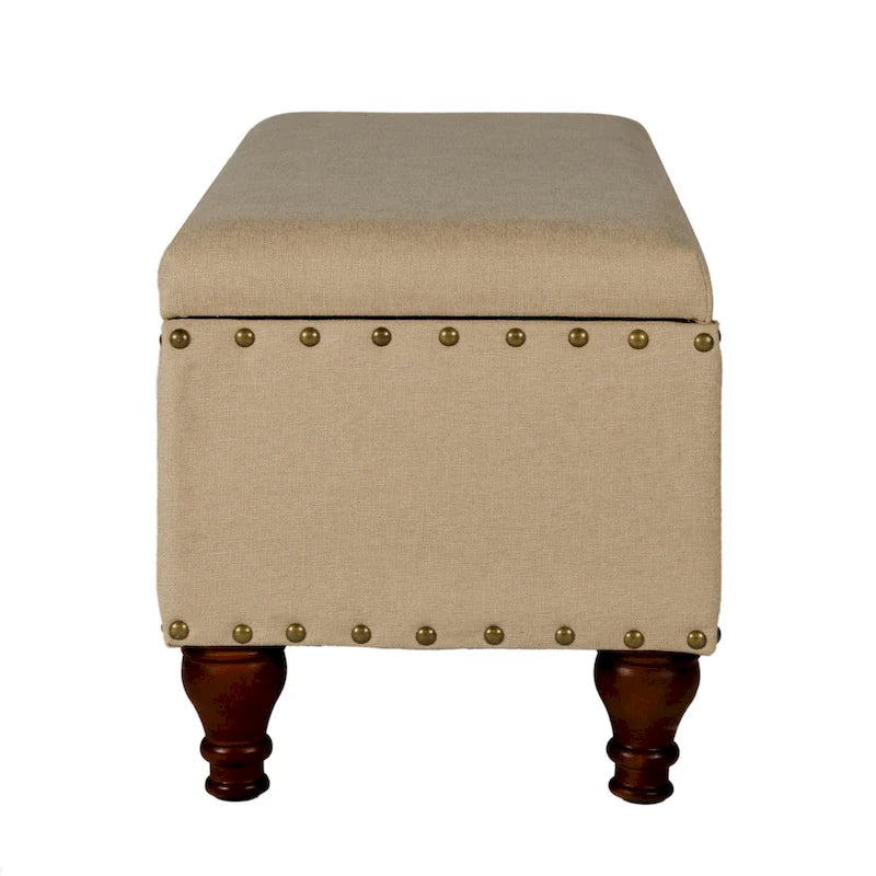 Banc de rangement capitonné avec clous décoratifs en bronze, couvercle à charnière et pieds en bois – Plusieurs coloris