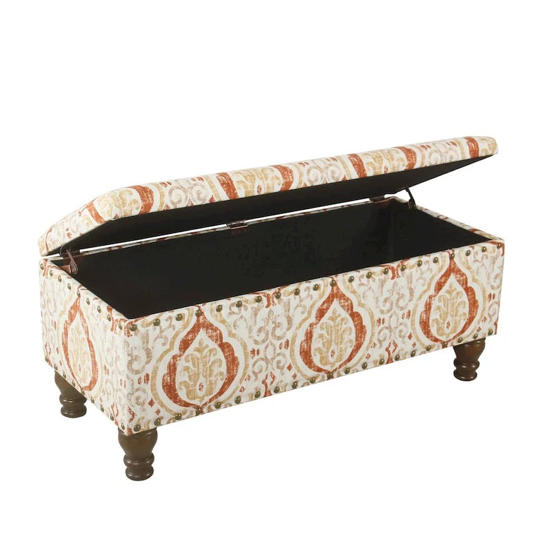 Banc de rangement capitonné avec clous décoratifs en bronze, couvercle à charnière et pieds en bois – Plusieurs coloris