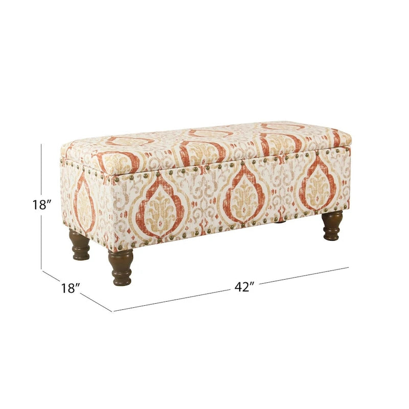 Banc de rangement capitonné avec clous décoratifs en bronze, couvercle à charnière et pieds en bois – Plusieurs coloris