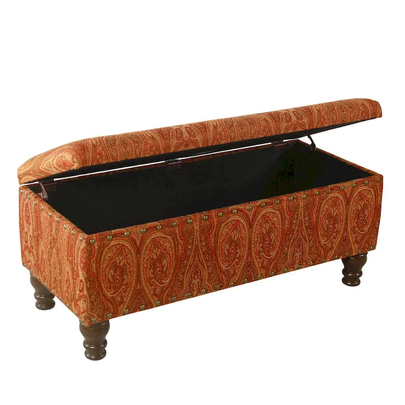 Banc de rangement capitonné avec clous décoratifs en bronze, couvercle à charnière et pieds en bois – Plusieurs coloris