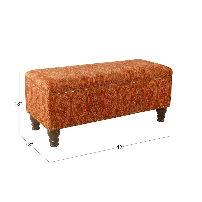 Banc de rangement capitonné avec clous décoratifs en bronze, couvercle à charnière et pieds en bois – Plusieurs coloris