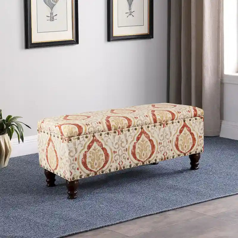 Banc de rangement capitonné avec clous décoratifs en bronze, couvercle à charnière et pieds en bois – Plusieurs coloris