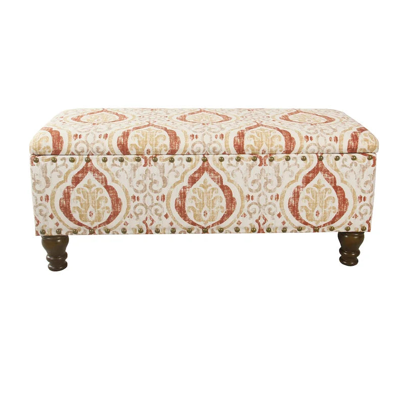 Banc de rangement capitonné avec clous décoratifs en bronze, couvercle à charnière et pieds en bois – Plusieurs coloris