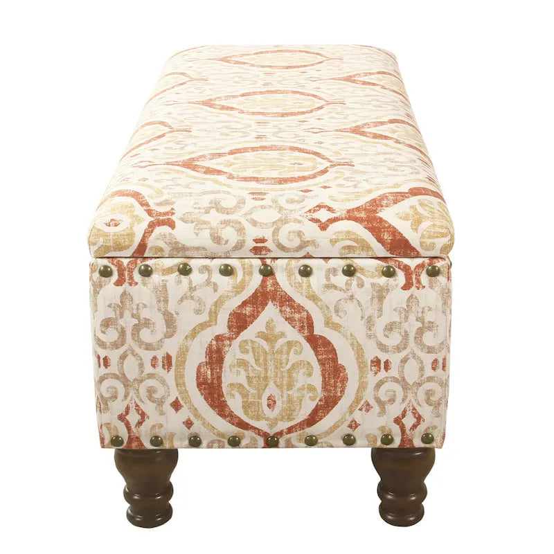 Banc de rangement capitonné avec clous décoratifs en bronze, couvercle à charnière et pieds en bois – Plusieurs coloris