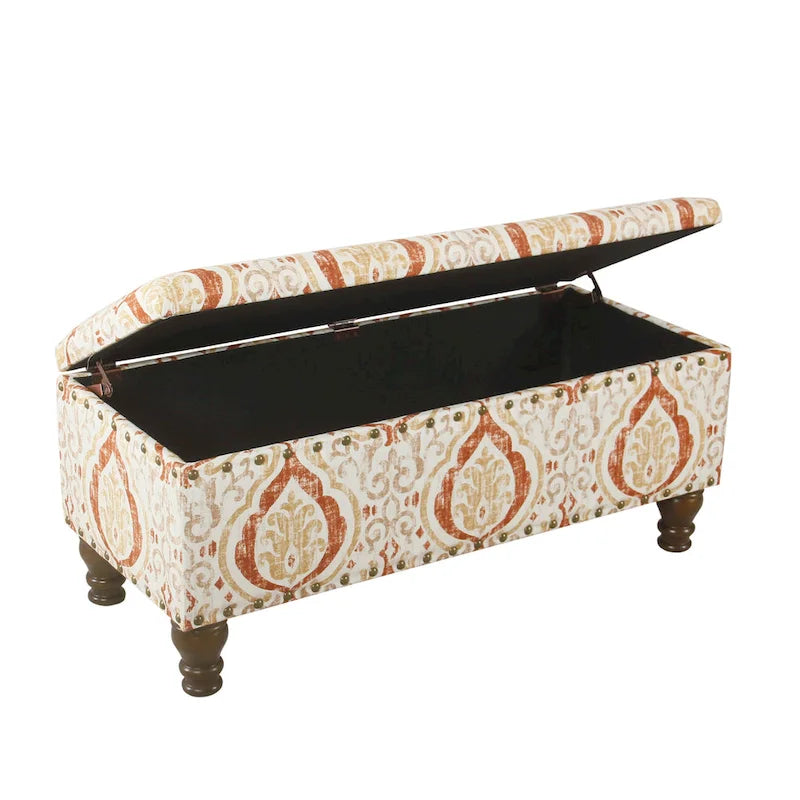 Banc de rangement capitonné avec clous décoratifs en bronze, couvercle à charnière et pieds en bois – Plusieurs coloris