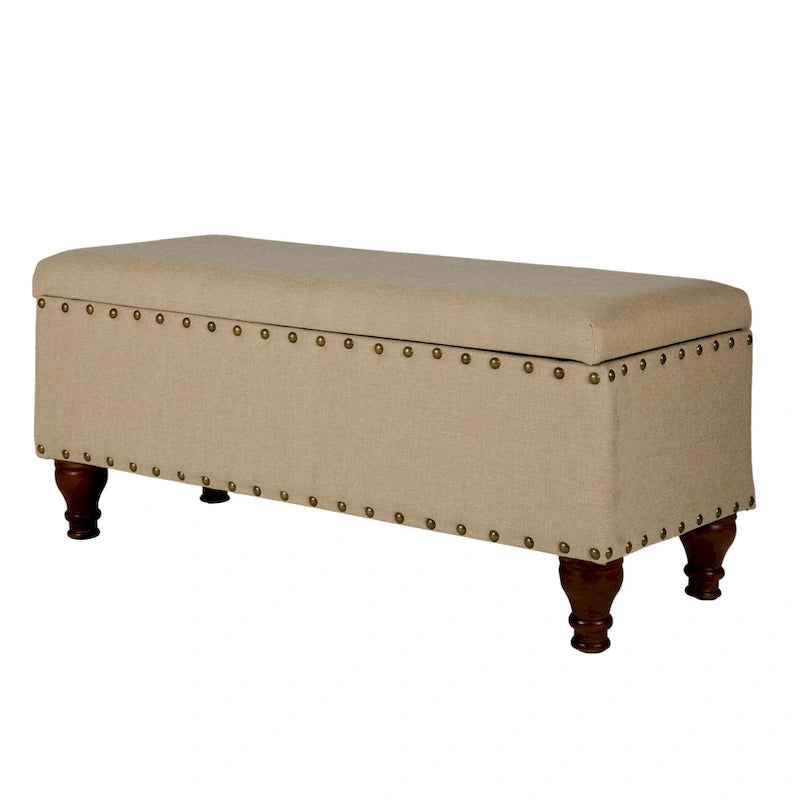 Banc de rangement capitonné avec clous décoratifs en bronze, couvercle à charnière et pieds en bois – Plusieurs coloris
