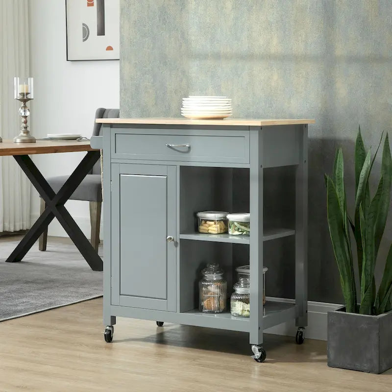 Chariot de cuisine à roulettes avec plateau en bois, placard et étagères