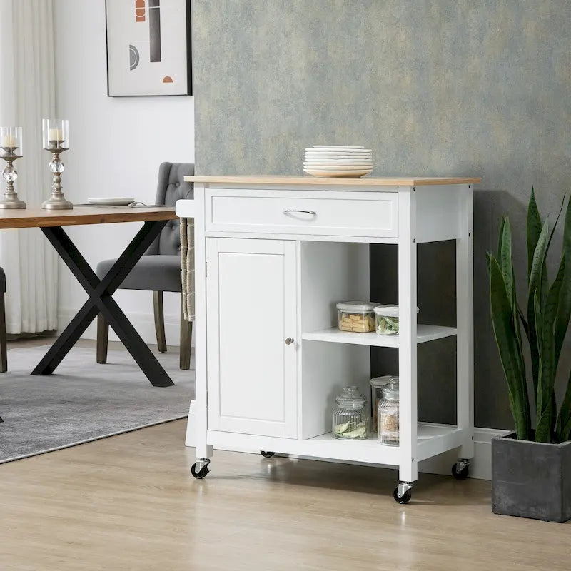 Chariot de cuisine à roulettes avec plateau en bois, placard et étagères