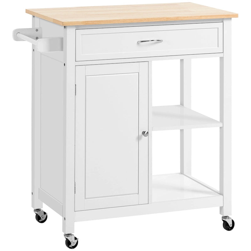 Chariot de cuisine à roulettes avec plateau en bois, placard et étagères